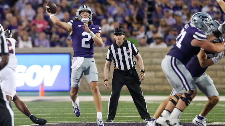 Aug 31, 2024; Manhattan, Kansas, USA; Kansas State Wildcats quarterback Avery Johnson (2) passes the ball during the third quarter against the Tennessee-Martin Skyhawks at Bill Snyder Family Football Stadium. Mandatory Credit: Scott Sewell-Imagn Images