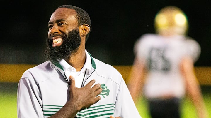 Trinity Catholic Assistant Coach Chris Rainey reacts after speaking with an official in the first half. The Eastside Rams hosted the Trinity Catholic Celtics at Citizens Field in Gainesville, FL on Thursday, September 12, 2024. Eastside lead 16-0 at the half. [Doug Engle/Ocala Star Banner]