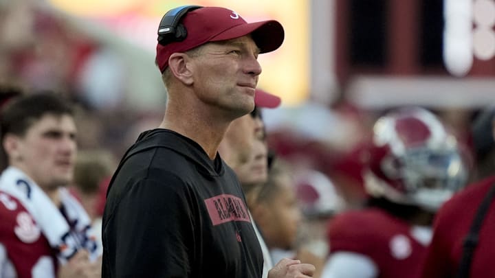 Alabama head coach Kalen DeBoer watches his team play Eastern Illinois at Saban Field at Bryant-Denny Stadium.