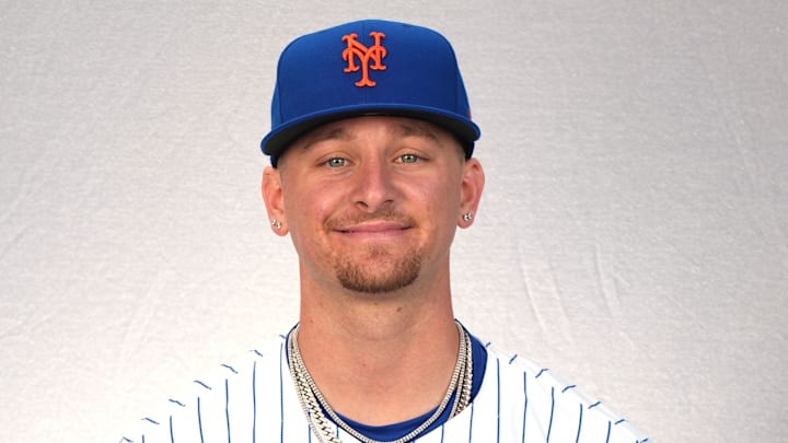 Feb 22, 2024; Port St. Lucie, FL, USA;  New York Mets infielder Jett Williams (90). Mandatory Credit: Jim Rassol-Imagn Images