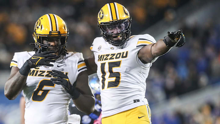 Missouri Tigers defensive lineman Darius Robinson (6) celebrates a sack, in a game against the Kentucky Wildcats last season.