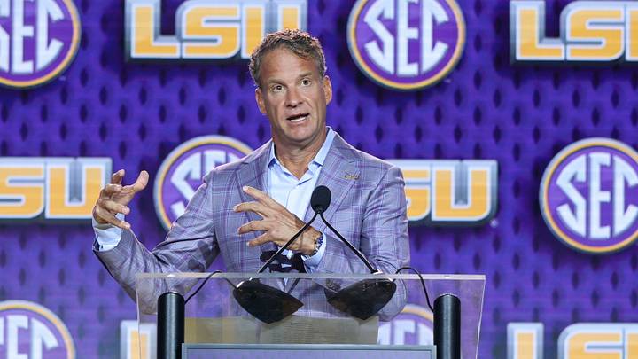 Jul 23, 2026; Tampa, FL, USA; LSU Tigers head coach Lane Kiffin speaks to the press during SEC Football Kickoff Media Day at the Tampa Marriott. Mandatory Credit: Nathan Ray Seebeck-Imagn Images