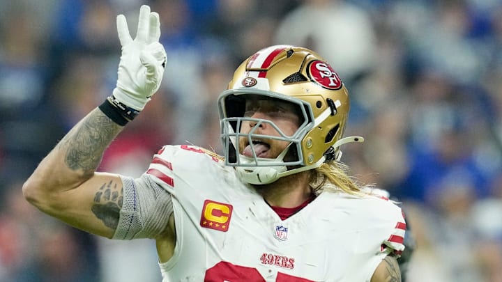 San Francisco 49ers tight end George Kittle (85) reacts after a play Monday, Dec. 22, 2025, during a game against the Indianapolis Colts at Lucas Oil Stadium in Indianapolis.