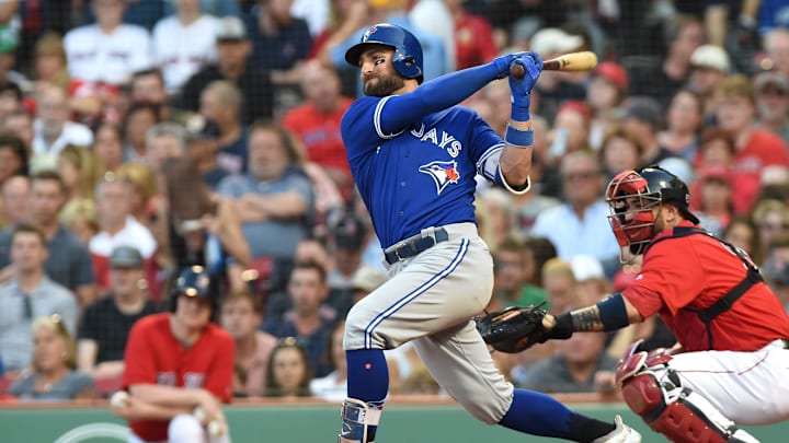 Jul 13, 2018; Boston, MA, USA; Toronto Blue Jays center fielder Kevin Pillar (11) hits an RBI double during the second inning against the Boston Red Sox at Fenway Park. Jul 13, 2018; Boston, MA, USA; Toronto Blue Jays center fielder Kevin Pillar (11) hits an RBI double during the second inning against the Boston Red Sox at Fenway Park.