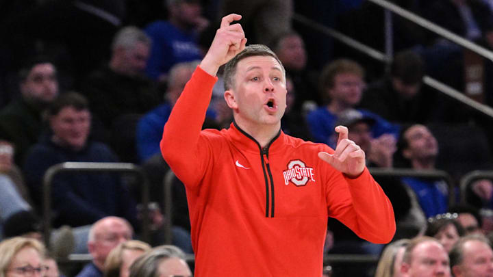 Dec 21, 2024; New York, New York, USA; Ohio State Buckeyes head coach Jake Diebler during the second half against the Kentucky Wildcats at Madison Square Garden. Mandatory Credit: John Jones-Imagn Images