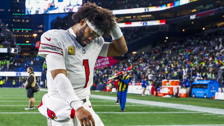 Nov 24, 2024; Seattle, Washington, USA; Arizona Cardinals quarterback Kyler Murray (1) walks to the locker room following a 16-6 loss against the Seattle Seahawks at Lumen Field. Mandatory Credit: Joe Nicholson-Imagn Images