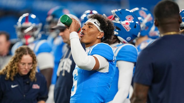 Ole Miss quarterback Trinidad Chambliss (6) is seen during warmups before the CFP Fiesta Bowl at the State Farm Stadium, in Glendale, Ariz., on Thursday, Jan. 8, 2026.