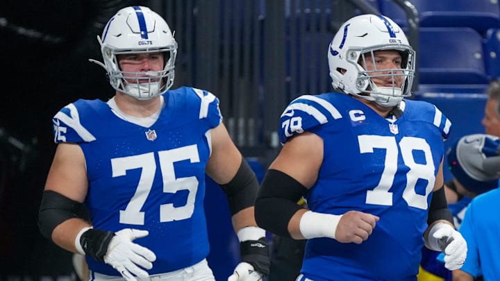 Indianapolis Colts guard Will Fries (75) and center Ryan Kelly enter the field before the game against New Orleans on Sunday., Oct 29, 2023, at Lucas Oil Stadium in Indianapolis. Indianapolis Colts guard Will Fries (75) and center Ryan Kelly enter the field before the game against New Orleans on Sunday., Oct 29, 2023, at Lucas Oil Stadium in Indianapolis.