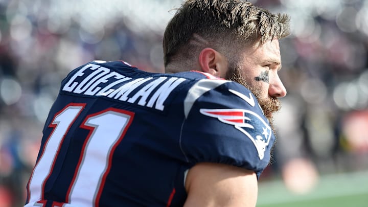 Dec 29, 2019; Foxborough, Massachusetts, USA;  New England Patriots wide receiver Julian Edelman (11) takes a knee during warmups prior to a game against the Miami Dolphins at Gillette Stadium. Mandatory Credit: Bob DeChiara-Imagn Images