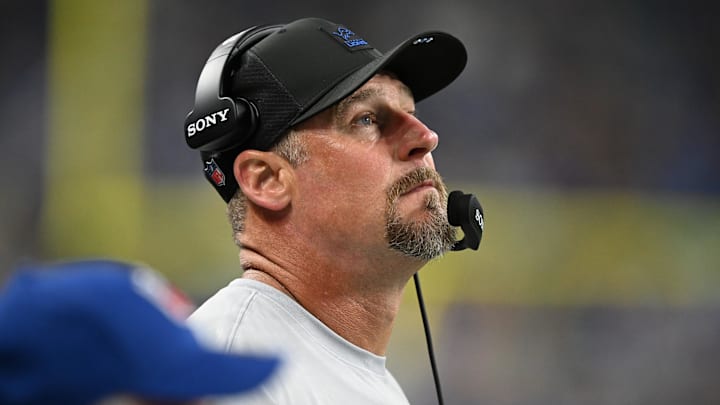 Aug 16, 2025; Detroit, Michigan, USA;  Detroit Lions head coach Dan Campbell on the sidelines during the Lions game against the Miami Dolphins in the first quarter at Ford Field.