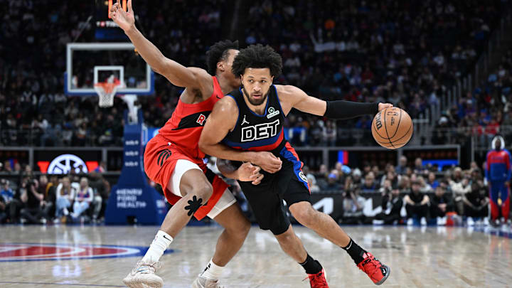 Jan 11, 2025; Detroit, Michigan, USA; Detroit Pistons guard Cade Cunningham (2) drives past Toronto Raptors forward Scottie Barnes (4) in the second quarter at Little Caesars Arena. Mandatory Credit: Lon Horwedel-Imagn Images Jan 11, 2025; Detroit, Michigan, USA; Detroit Pistons guard Cade Cunningham (2) drives past Toronto Raptors forward Scottie Barnes (4) in the second quarter at Little Caesars Arena. Mandatory Credit: Lon Horwedel-Imagn Images