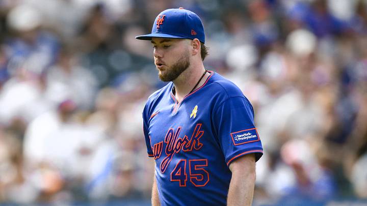 New York Mets pitcher Christian Scott (45) leaves the mound after being relieved during the fifth inning against the San Francisco Giants at Citi Field. New York Mets pitcher Christian Scott (45) leaves the mound after being relieved during the fifth inning against the San Francisco Giants at Citi Field.