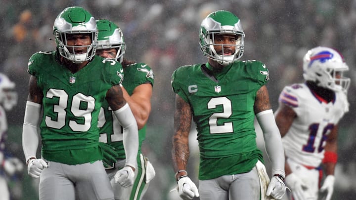 Philadelphia Eagles cornerback Eli Ricks (39) and cornerback Darius Slay (2) 
