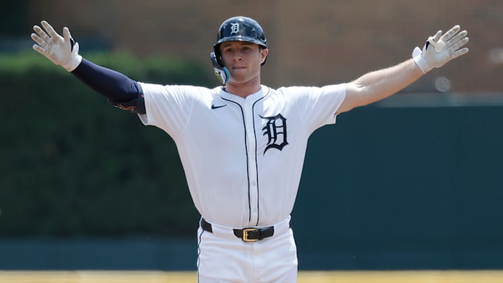 Detroit Tigers second baseman Colt Keith celebrates at second base in a game at Comerica Park against the Los Angeles Dodgers