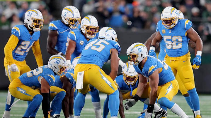 Nov 6, 2023; East Rutherford, New Jersey, USA; Los Angeles Chargers linebacker Joey Bosa (97) celebrates with teammates after recovering a New York Jets fumble during the first quarter at MetLife Stadium. Mandatory Credit: Brad Penner-USA TODAY Sports Nov 6, 2023; East Rutherford, New Jersey, USA; Los Angeles Chargers linebacker Joey Bosa (97) celebrates with teammates after recovering a New York Jets fumble during the first quarter at MetLife Stadium. Mandatory Credit: Brad Penner-USA TODAY Sports