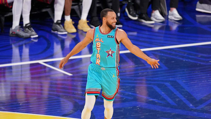 Feb 16, 2025; San Francisco, CA, USA; Shaqís OGs guard Stephen Curry (30) of the Golden State Warriors reacts after a play against Chuckís Global Stars during the 2025 NBA All Star Game at Chase Center. Mandatory Credit: Cary Edmondson-Imagn Images