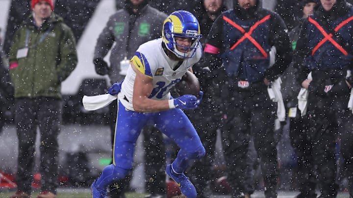 Jan 19, 2025; Philadelphia, Pennsylvania, USA; Los Angeles Rams wide receiver Cooper Kupp (10) catches a pass in the second quarter against the Philadelphia Eagles in a 2025 NFC divisional round game at Lincoln Financial Field. Mandatory Credit: Bill Streicher-Imagn Images