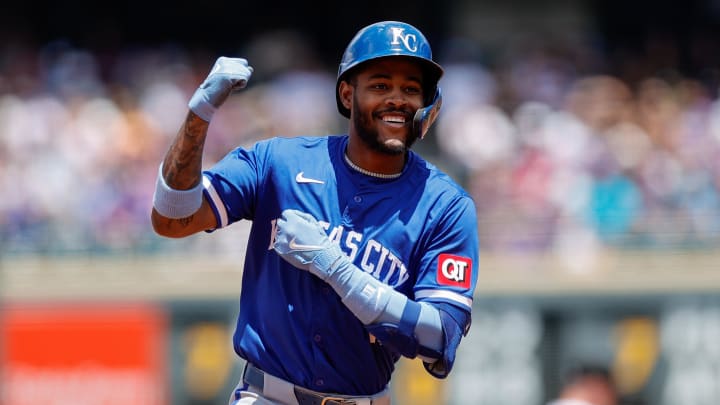 Jul 7, 2024; Denver, Colorado, USA; Kansas City Royals third baseman Maikel Garcia (11) gestures as he rounds the bases on a three run home run in the second inning against the Colorado Rockies at Coors Field. Mandatory Credit: Isaiah J. Downing-USA TODAY Sports