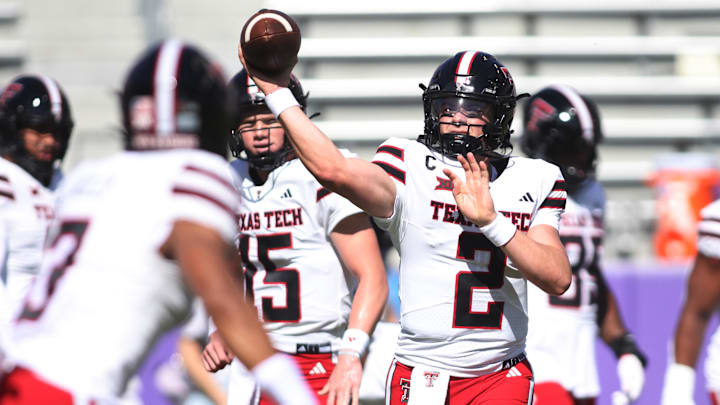 Oct 26, 2024; Fort Worth, Texas, USA;  Texas Tech Red Raiders quarterback Behren Morton (2) warms up before a game against the TCU Horned Frogs at Amon G. Carter Stadium. Mandatory Credit: Tim Heitman-Imagn Images