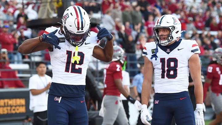 Sep 26, 2026; Pullman, Washington, USA; Arizona Wildcats wide receiver Tre Spivey (12) celebrates a touchdown against the Washington State Cougars during the first half at Gesa Field at Martin Stadium. Sep 26, 2026; Pullman, Washington, USA; Arizona Wildcats wide receiver Tre Spivey (12) celebrates a touchdown against the Washington State Cougars during the first half at Gesa Field at Martin Stadium.