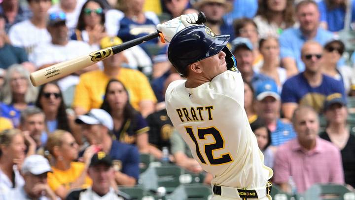 Aug 6, 2026; Milwaukee, Wisconsin, USA; Milwaukee Brewers shortstop Cooper Pratt (12) drives in a run with a sacrifice fly in the third inning against the Pittsburgh Pirates at American Family Field. Mandatory Credit: Benny Sieu-Imagn Images Aug 6, 2026; Milwaukee, Wisconsin, USA; Milwaukee Brewers shortstop Cooper Pratt (12) drives in a run with a sacrifice fly in the third inning against the Pittsburgh Pirates at American Family Field. Mandatory Credit: Benny Sieu-Imagn Images