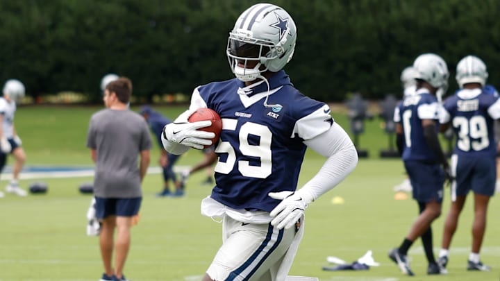 Dallas Cowboys LB Kenneth Murray Jr. goes through a drill during practice at the Ford Center at the Star Training Facility