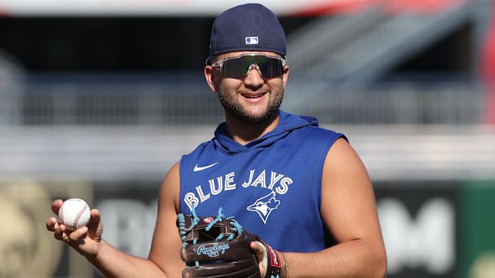 Aug 19, 2025; Pittsburgh, Pennsylvania, USA;  Toronto Blue Jays shortstop Bo Bichette (11) warms up before the game against the Pittsburgh Pirates at PNC Park. Mandatory Credit: Charles LeClaire-Imagn Images