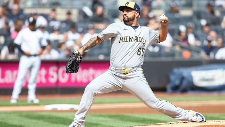Mar 29, 2025; Bronx, New York, USA; Milwaukee Brewers starting pitcher Nestor Cortes (65) pitches in the first inning against the New York Yankees at Yankee Stadium. Mandatory Credit: Wendell Cruz-Imagn Images