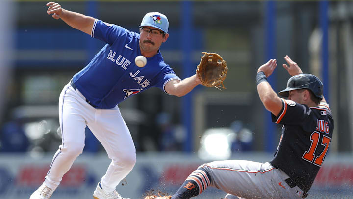 Mar 8, 2026; Dunedin, Florida, USA; Detroit Tigers first baseman Jace Jung (17) slips safely into second base in front of Toronto Blue Jays second baseman Davis Schneider (36) in the second inning during spring training at TD Ballpark. Mandatory Credit: Nathan Ray Seebeck-Imagn Images Mar 8, 2026; Dunedin, Florida, USA; Detroit Tigers first baseman Jace Jung (17) slips safely into second base in front of Toronto Blue Jays second baseman Davis Schneider (36) in the second inning during spring training at TD Ballpark. Mandatory Credit: Nathan Ray Seebeck-Imagn Images