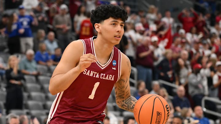 Mar 20, 2026; St. Louis, MO, USA; Santa Clara Broncos guard Christian Hammond (1) warms up before a first round game of the men's 2026 NCAA Tournament against the Kentucky Wildcats at Enterprise Center. Mandatory Credit: Jeff Curry-Imagn Images