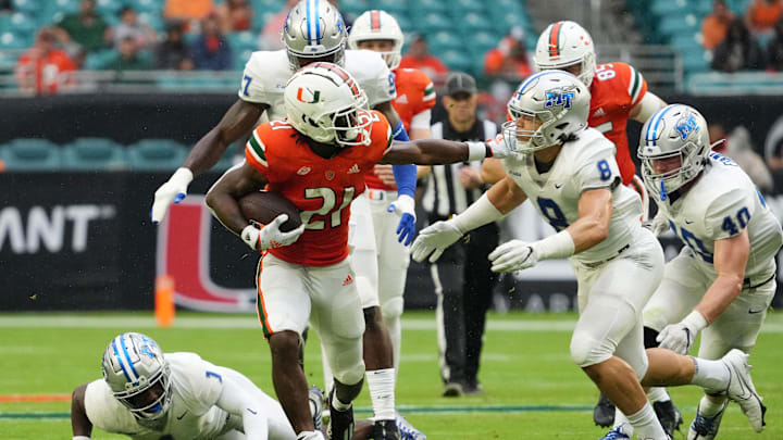 Sep 24, 2022; Miami Gardens, Florida, USA; Miami Hurricanes running back Henry Parrish Jr. (21)