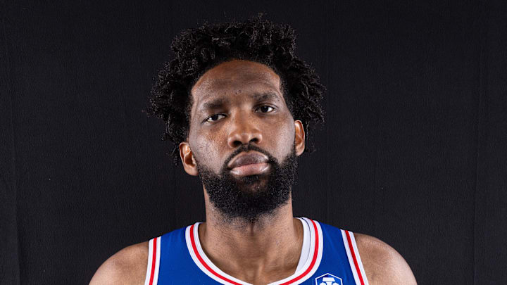 Sep 26, 2025; Camden, NJ, USA; Philadelphia 76ers Joel Embiid poses for a photo during media day. Mandatory Credit: Bill Streicher-Imagn Images Sep 26, 2025; Camden, NJ, USA; Philadelphia 76ers Joel Embiid poses for a photo during media day. Mandatory Credit: Bill Streicher-Imagn Images