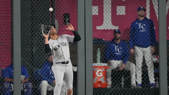 Oct 10, 2024; Kansas City, Missouri, USA; New York Yankees outfielder Juan Soto (22) catches a fly-ball during the fifth inning against the Kansas City Royals during game four of the ALDS for the 2024 MLB Playoffs at Kauffman Stadium.
