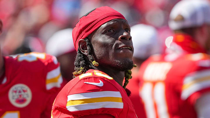 Aug 17, 2024; Kansas City, Missouri, USA; Kansas City Chiefs wide receiver Kadarius Toney (19) watches a replay against the Detroit Lions during the game at GEHA Field at Arrowhead Stadium. Mandatory Credit: Denny Medley-Imagn Images