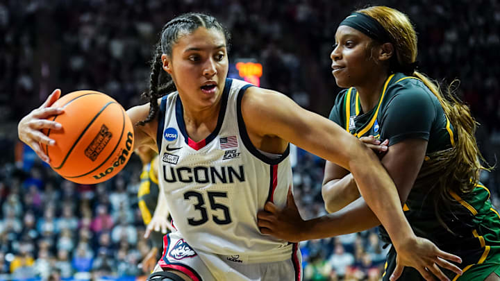 Mar 20, 2023; Storrs, CT, USA; UConn Huskies guard Azzi Fudd (35) drives the ball against Baylor Lady Bears guard Ja'Mee Asberry (21) in the first half at Harry A. Gampel Pavillion. Mandatory Credit: David Butler II-Imagn Images Mar 20, 2023; Storrs, CT, USA; UConn Huskies guard Azzi Fudd (35) drives the ball against Baylor Lady Bears guard Ja'Mee Asberry (21) in the first half at Harry A. Gampel Pavillion. Mandatory Credit: David Butler II-Imagn Images
