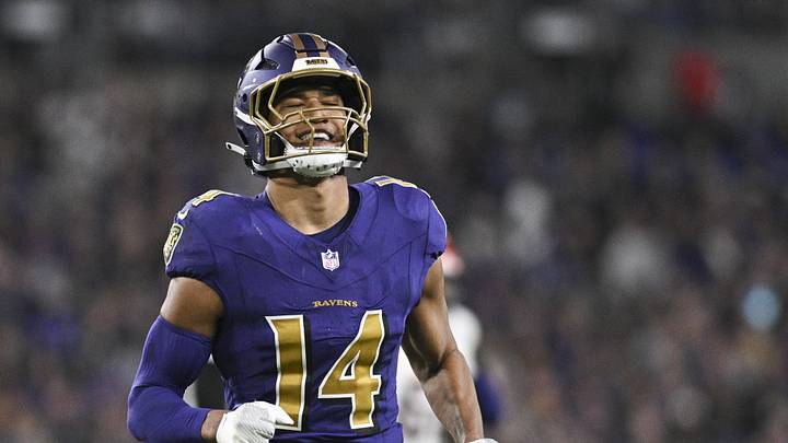 Nov 7, 2024; Baltimore, Maryland, USA; Baltimore Ravens safety Kyle Hamilton (14) reacts after tips a Cincinnati Bengals quarterback Joe Burrow (9) pass during the first quarter  at M&T Bank Stadium. Mandatory Credit: Tommy Gilligan-Imagn Images