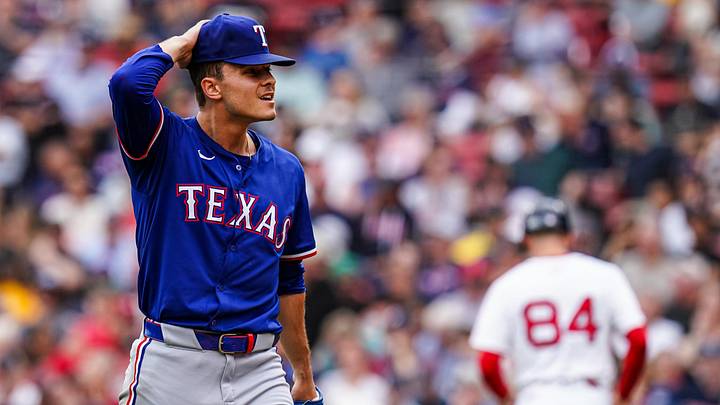 May 8, 2025; Boston, Massachusetts, USA; Texas Rangers pitcher Jack Leiter (35) walks to the dugout after four innings against the Boston Red Sox at Fenway Park. Mandatory Credit: David Butler II-Imagn Images
