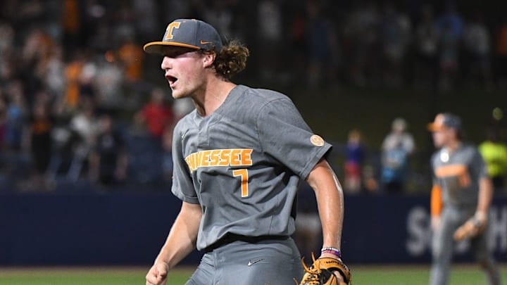 May 24 2024; Hoover, AL, USA; Tennessee pitcher Nate Snead celebrates after the final out over Mississippi State at the Hoover Met during the SEC Tournament. Tennessee held on to win 6-5.
