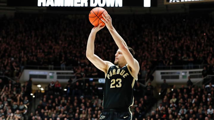 Purdue Boilermakers forward Camden Heide (23) shoots the ball Friday, Jan. 31, 2025, during the NCAA men’s basketball game against the Indiana Hoosiers at Mackey Arena in West Lafayette, Ind. Purdue Boilermakers won 81-76.