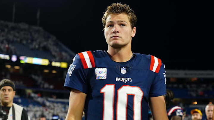New England Patriots quarterback Drake Maye (10) walks off the field against the Buffalo Bills after the game at Highmark Stadium. New England Patriots quarterback Drake Maye (10) walks off the field against the Buffalo Bills after the game at Highmark Stadium.