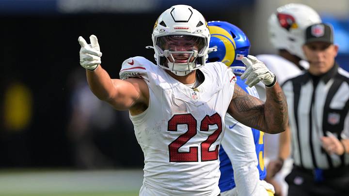 Oct 18, 2026; Inglewood, California, USA; Arizona Cardinals running back Tyler Allgeier (22) reacts after a play in the third quarter against the Los Angeles Rams at SoFi Stadium. Oct 18, 2026; Inglewood, California, USA; Arizona Cardinals running back Tyler Allgeier (22) reacts after a play in the third quarter against the Los Angeles Rams at SoFi Stadium.