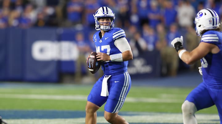 Oct 3, 2025; Provo, Utah, USA; Brigham Young Cougars quarterback Bear Bachmeier (47) drops back to pass against the West Virginia Mountaineers during the first quarter at LaVell Edwards Stadium. Mandatory Credit: Rob Gray-Imagn Images