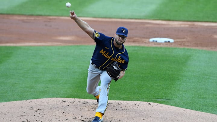 Milwaukee Brewers starting pitcher Dylan File throws a pitch against the Chicago White Sox on July 22, 2020, at Guaranteed Rate Field. Milwaukee Brewers starting pitcher Dylan File throws a pitch against the Chicago White Sox on July 22, 2020, at Guaranteed Rate Field.
