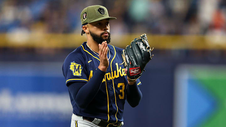 May 21, 2023; St. Petersburg, Florida, USA;  Milwaukee Brewers relief pitcher Devin Williams (38)