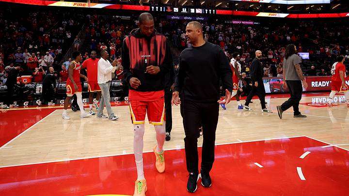 Oct 26, 2026; Houston, Texas, USA; Houston Rockets forward Kevin Durant (7) and head coach Ime Udoka leave the court following the game against the Atlanta Hawks at Toyota Center. Mandatory Credit: Erik Williams-Imagn Images Oct 26, 2026; Houston, Texas, USA; Houston Rockets forward Kevin Durant (7) and head coach Ime Udoka leave the court following the game against the Atlanta Hawks at Toyota Center. Mandatory Credit: Erik Williams-Imagn Images