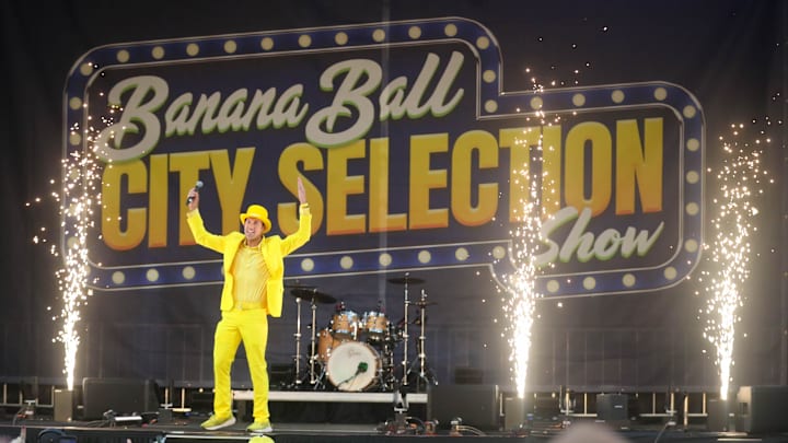 Jesse Cole announces that all six Banana Ball teams will open the 2026 season in February with games at Florida State University during the Banana Ball City Selection Show on Thursday, October 9, 2025 at Historic Grayson Stadium.