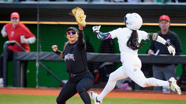 Long stride, a step slow: Ayanna Shaw out at first against Ohio State. To make some noise at the NCAA Tournament the Ducks need hot bats and better pitching.