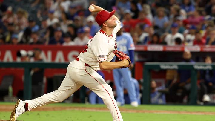 Aug 15, 2026; Anaheim, California, USA;  Los Angeles Angels pitcher Reid Detmers (48) pitches during the eighth inning against the Kansas City Royals at Angel Stadium. Mandatory Credit: Kiyoshi Mio-Imagn Images