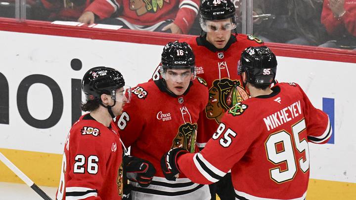 Apr 9, 2026; Chicago, Illinois, USA; Chicago Blackhawks center Anton Frondell (16) celebrates his goal against the Carolina Hurricanes with teammates during the third period at the United Center. Mandatory Credit: Matt Marton-Imagn Images Apr 9, 2026; Chicago, Illinois, USA; Chicago Blackhawks center Anton Frondell (16) celebrates his goal against the Carolina Hurricanes with teammates during the third period at the United Center. Mandatory Credit: Matt Marton-Imagn Images