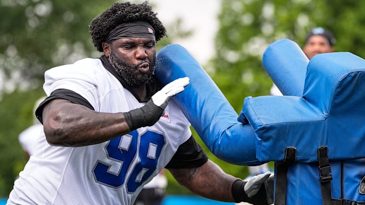 Detroit Lions defensive tackle DJ Reader (98) practices during training camp at Meijer Performance Center in Allen Park on Sunday, July 20, 2025.
